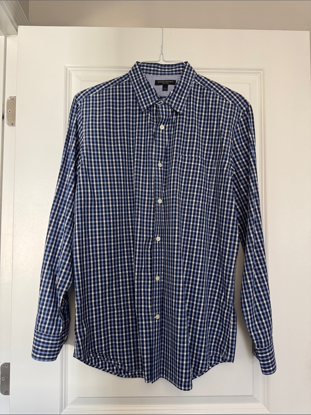 Banana Republic Men's Navy and White Check Dress Shirt